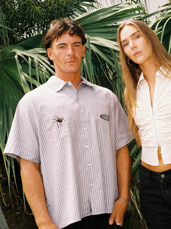 WEB OF DECEIT CROPPED WORK SHIRT